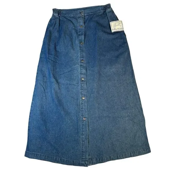 Vtg Bobbie Brooks Ankle Length Denim Jean Skirt Button Front A-Line Pockets 10 - Picture 1 of 8
